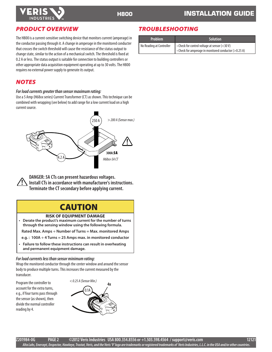 Caution, Installation guide, Product overview | Troubleshooting | Veris Industries H800 Install User Manual | Page 2 / 2