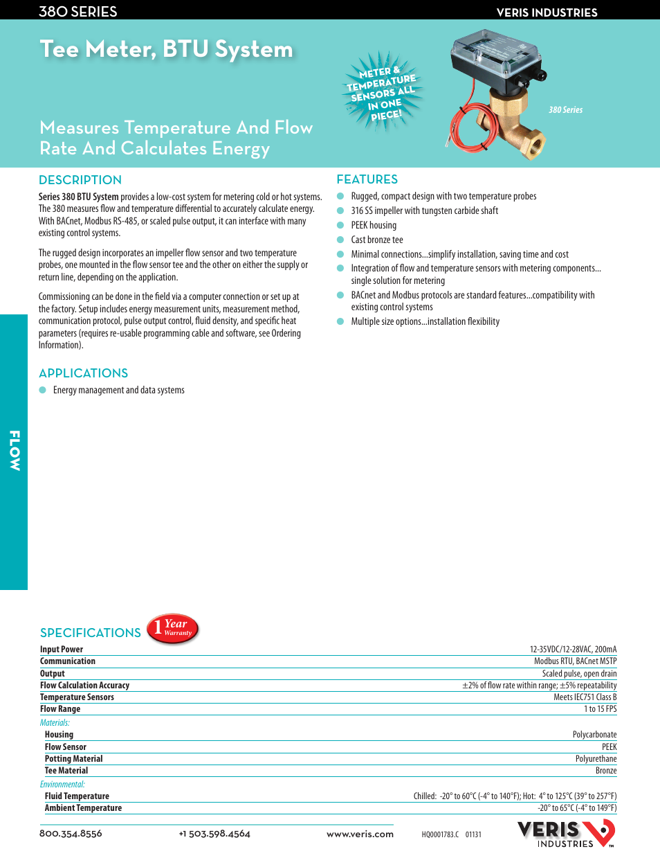 Veris Industries 380 SERIES Datasheet User Manual | 2 pages