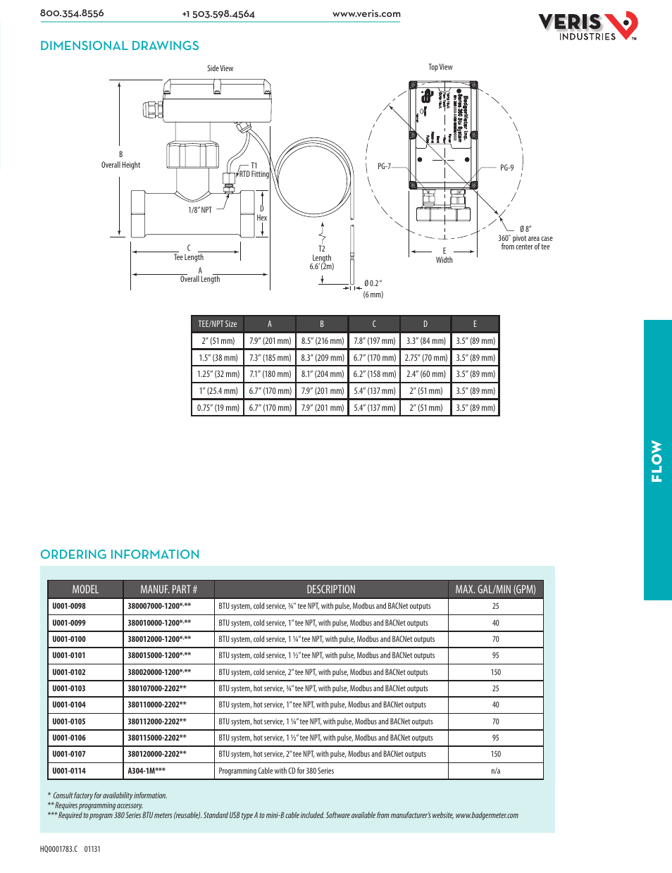 Fl ow, Dimensional drawings, Ordering information | Model manuf. part # description max. gal/min (gpm) | Veris Industries 380 SERIES Datasheet User Manual | Page 2 / 2