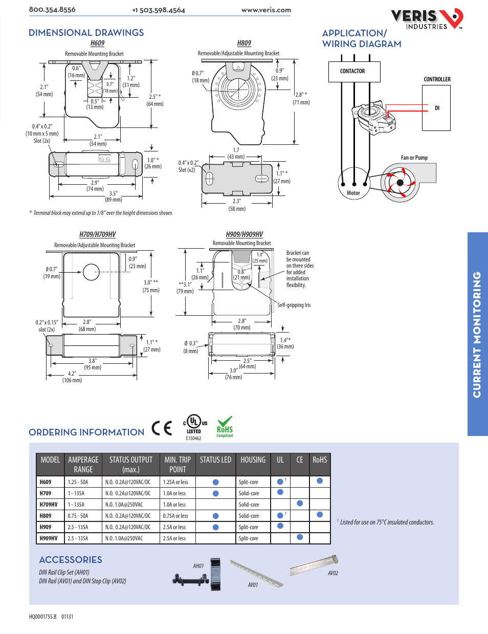 Current monit oring, Application/ wiring diagram, Dimensional drawings | Ordering information, Accessories, Rohs | Veris Industries Hx09 SERIES Datasheet User Manual | Page 2 / 2