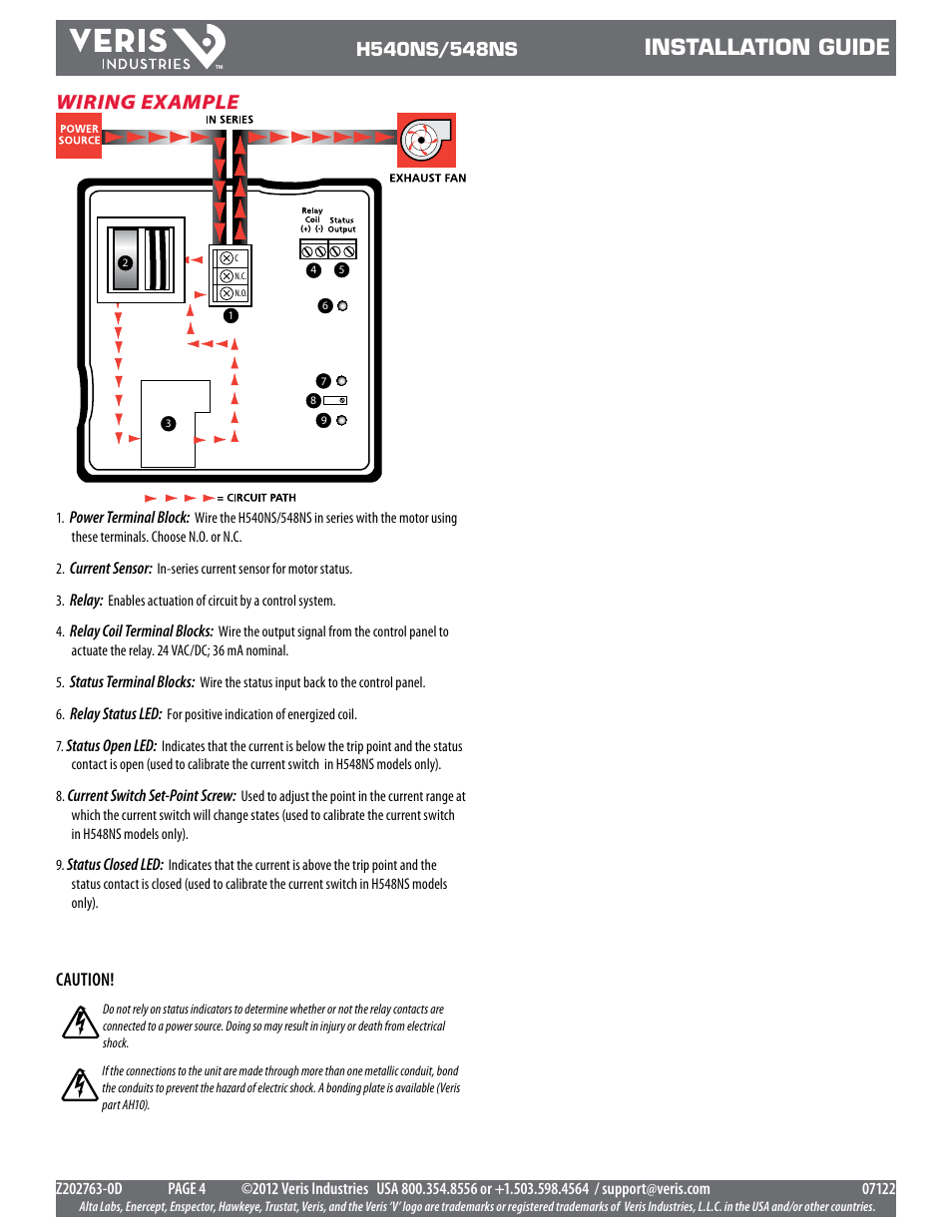 Installation guide, Wiring example | Veris Industries H540NS Install User Manual | Page 4 / 4
