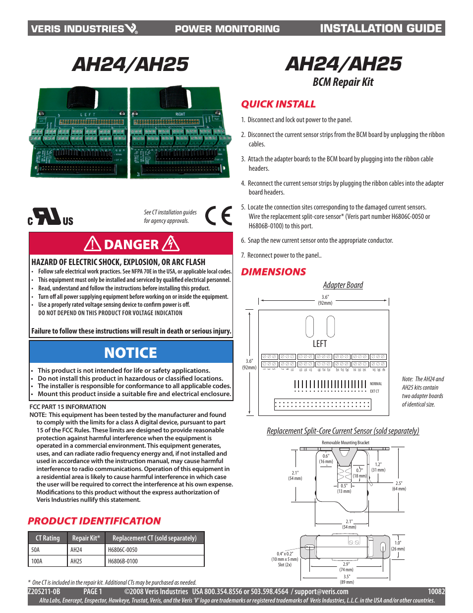 Veris Industries AH25 Install User Manual | 2 pages