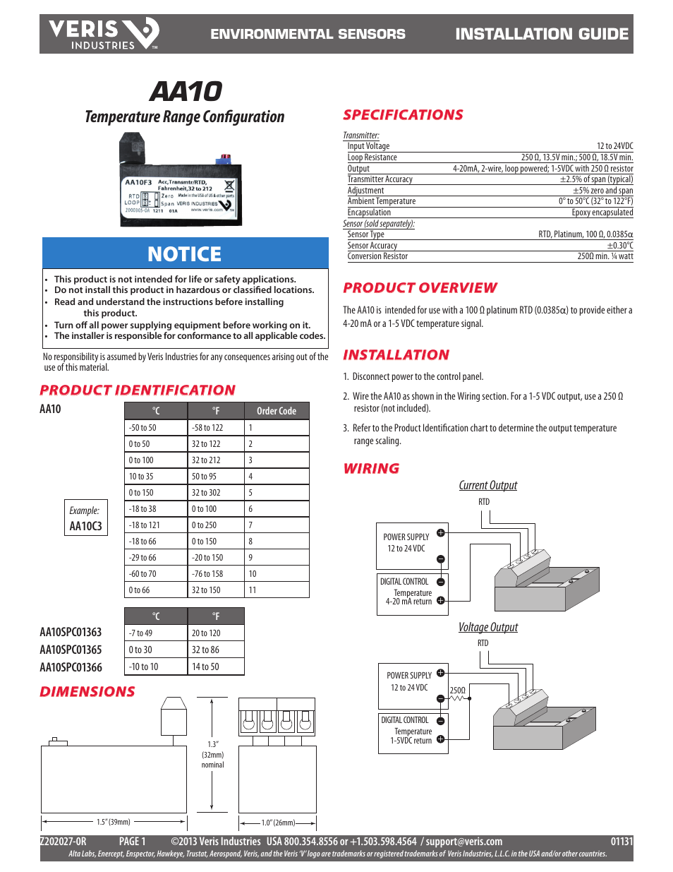 Veris Industries AA10 Install User Manual | 1 page