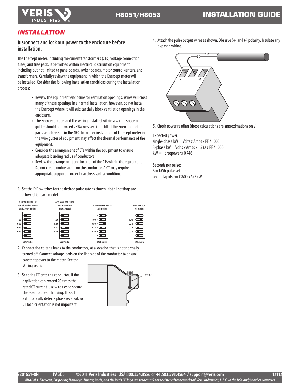 Installation guide, Installation | Veris Industries H8053 Install User Manual | Page 3 / 5