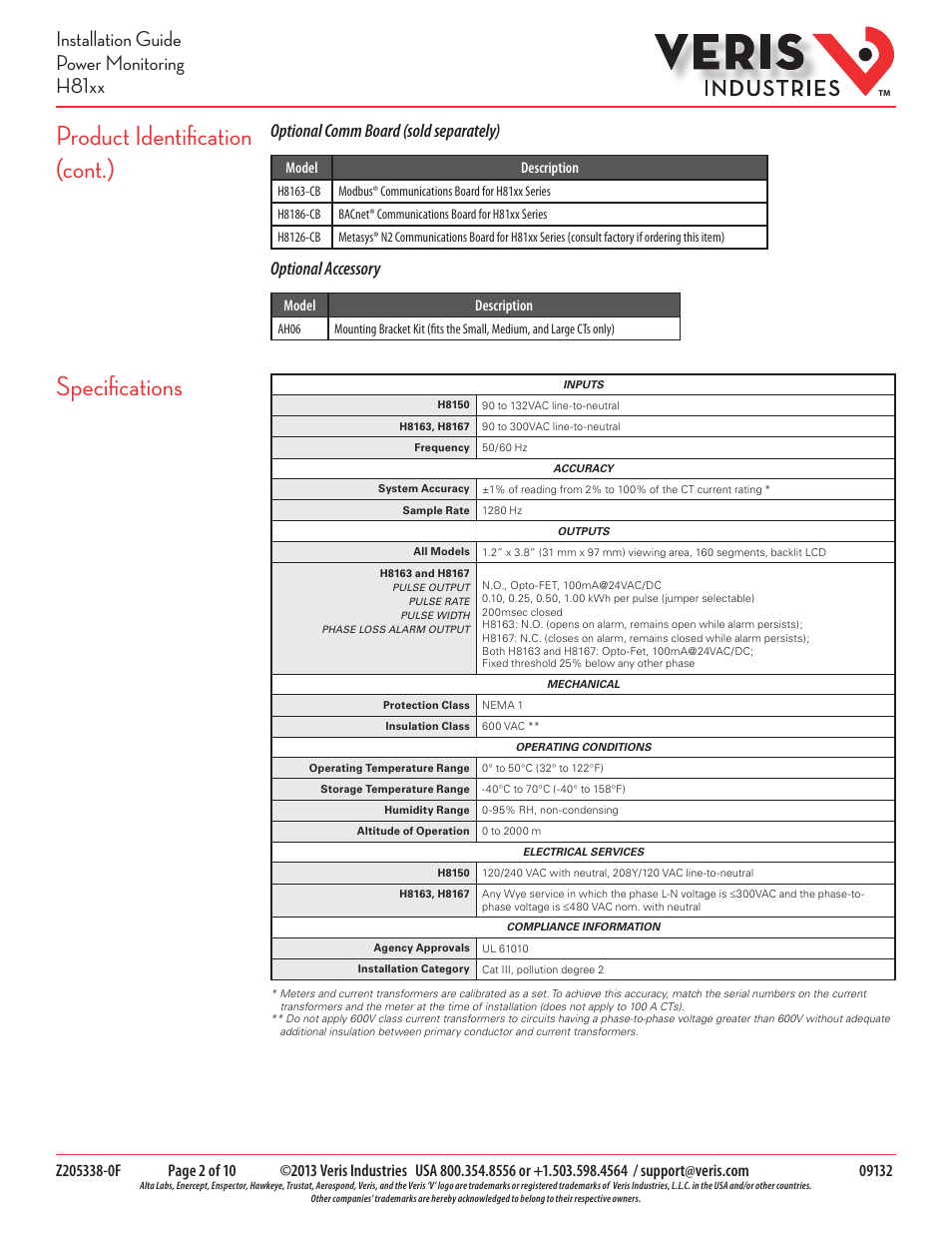 Product identification (cont.) specifications, Installation guide power monitoring h81xx, Optional comm board (sold separately) | Optional accessory | Veris Industries H81xx SERIES Install User Manual | Page 2 / 10