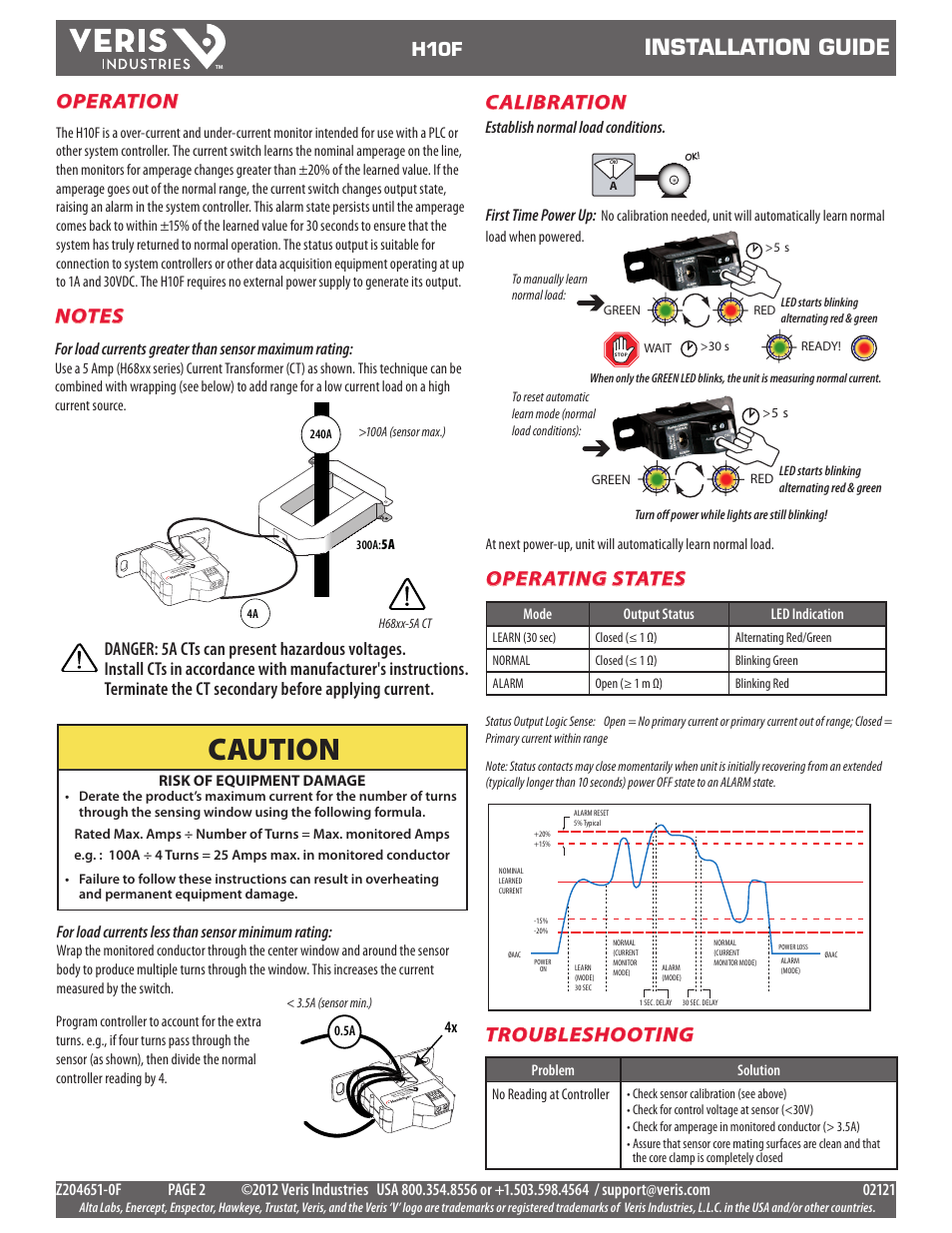 Caution, Installation guide, Operating states | Calibration, Operation, Troubleshooting, H10f, For load currents less than sensor minimum rating, Establish normal load conditions, First time power up | Veris Industries H10F Install User Manual | Page 2 / 2