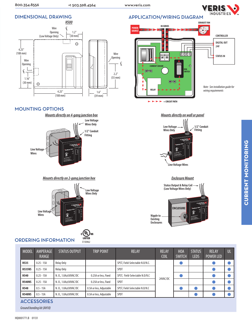 Current monit oring, Application/wiring diagram, Accessories | Veris Industries H5xx SERIES Datasheet User Manual | Page 2 / 2