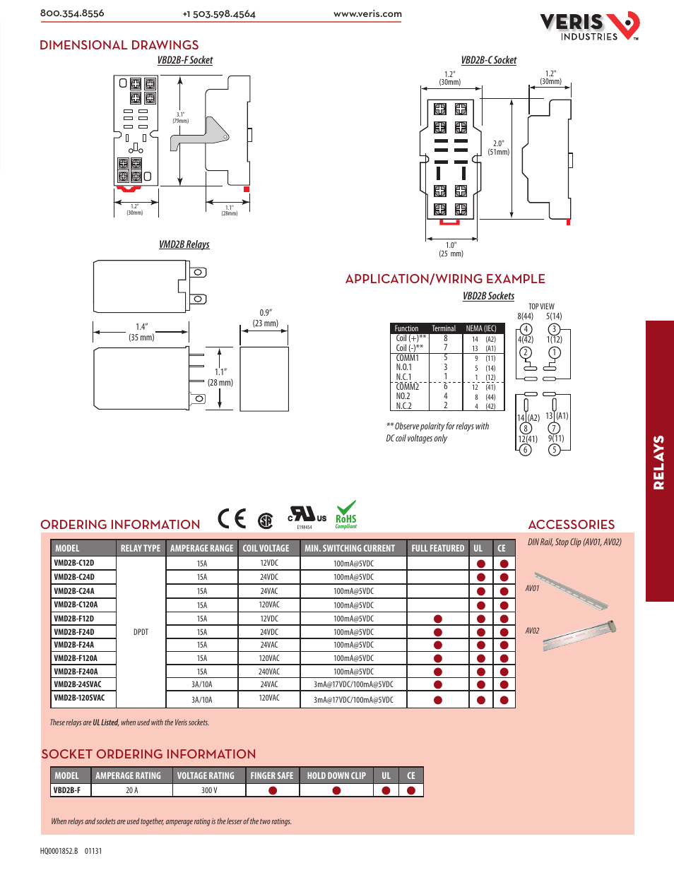 Rel ay s, Dimensional drawings, Accessories | Application/wiring example, Ordering information socket ordering information, Rohs | Veris Industries VMD2B-F SERIES Datasheet User Manual | Page 2 / 2