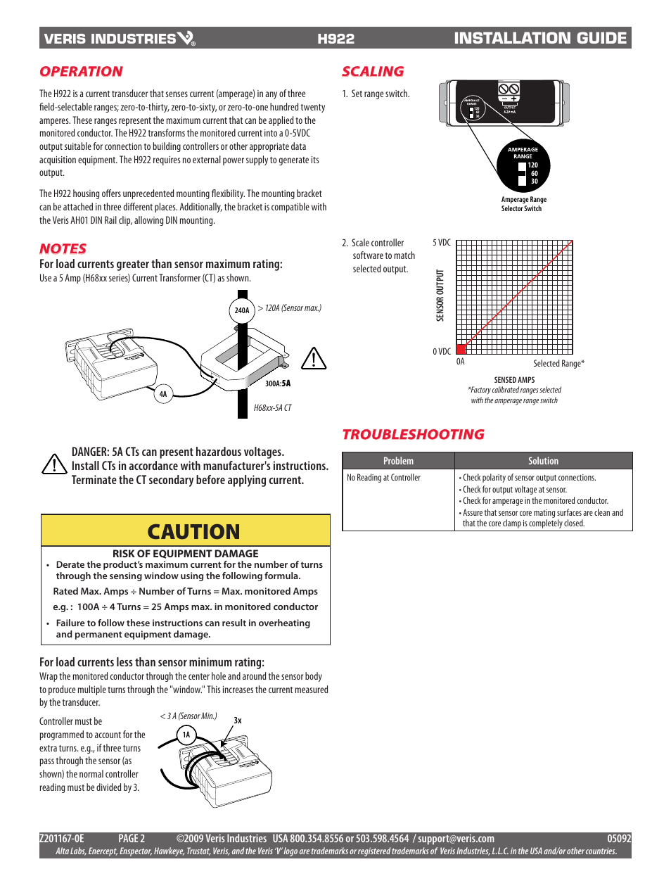 Caution, Installation guide, Operation | Troubleshooting, Scaling | Veris Industries H922 Install User Manual | Page 2 / 2