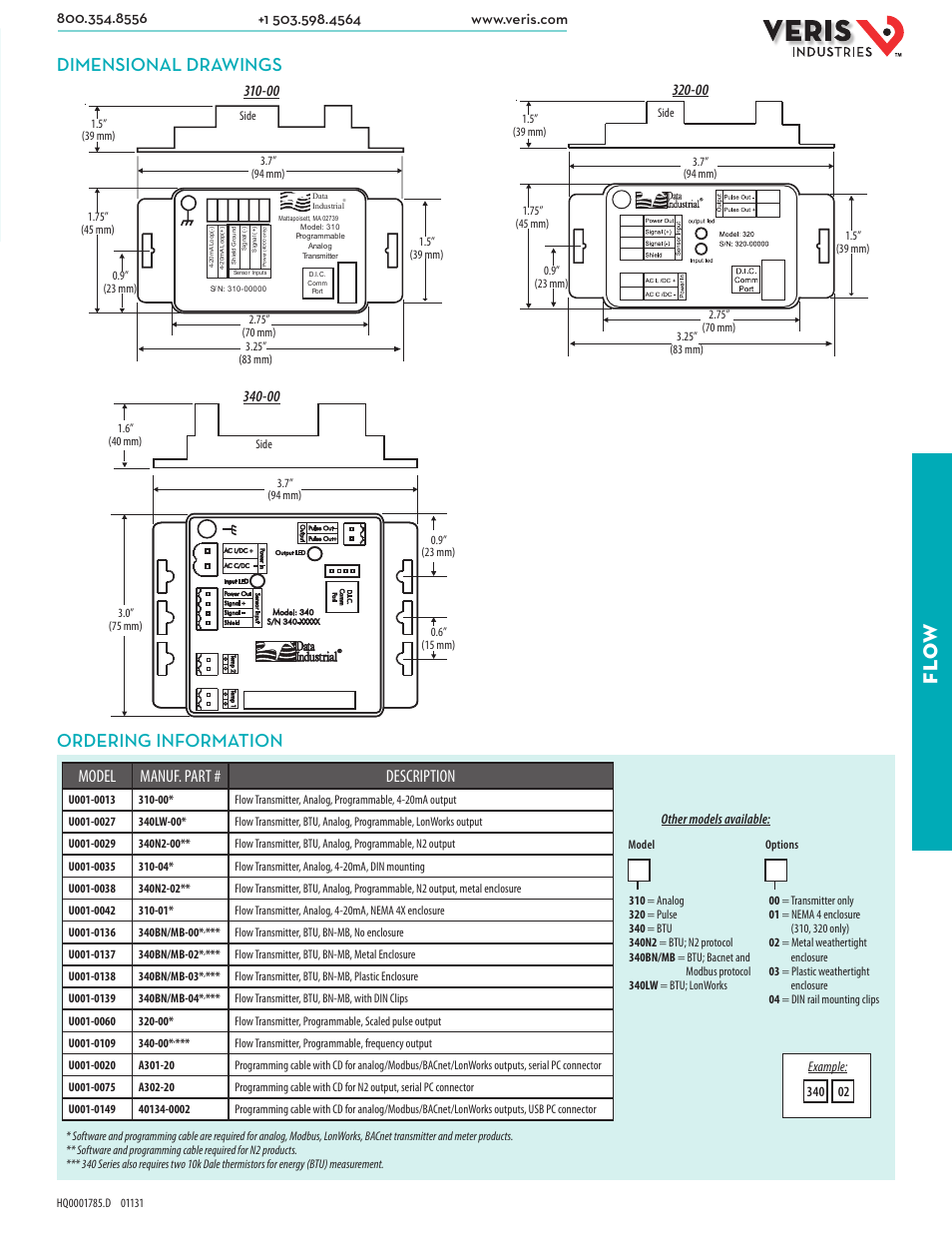 Fl ow, Dimensional drawings ordering information, Model manuf. part # description | Other models available | Veris Industries 3x0 SERIES Datasheet User Manual | Page 2 / 2