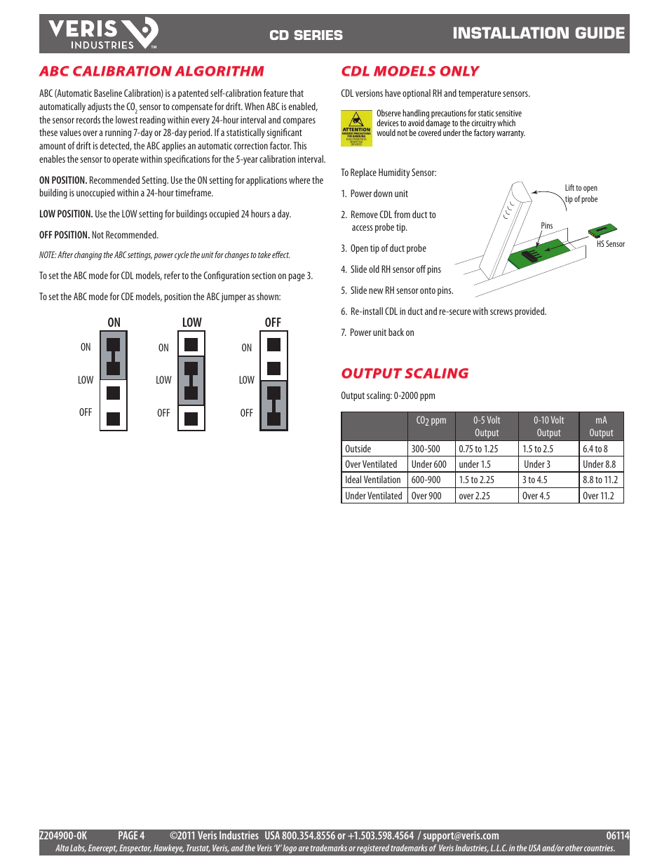 Abc settings (cwe only), Installation guide, Output scaling | Cdl models only, Abc calibration algorithm, On low | Veris Industries CD SERIES Install User Manual | Page 4 / 5
