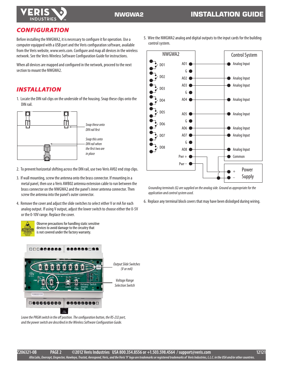 Installation guide, Installation, Configuration | Control system power supply nwgwa2 | Veris Industries NWGWA2 Install User Manual | Page 2 / 2