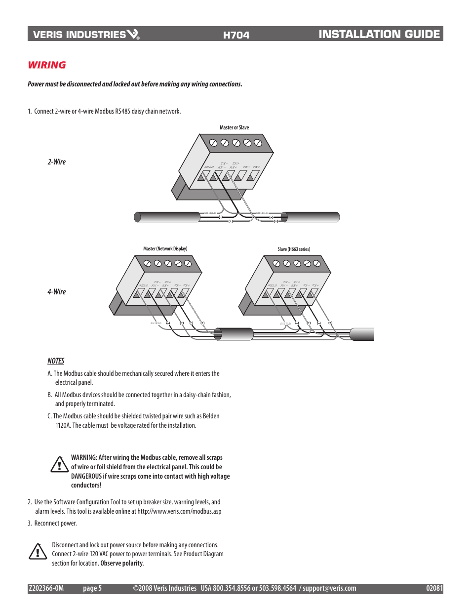 Installation guide, Wiring, Wire 4-wire | Veris Industries H704-42_1(H)(E) Install User Manual | Page 5 / 8