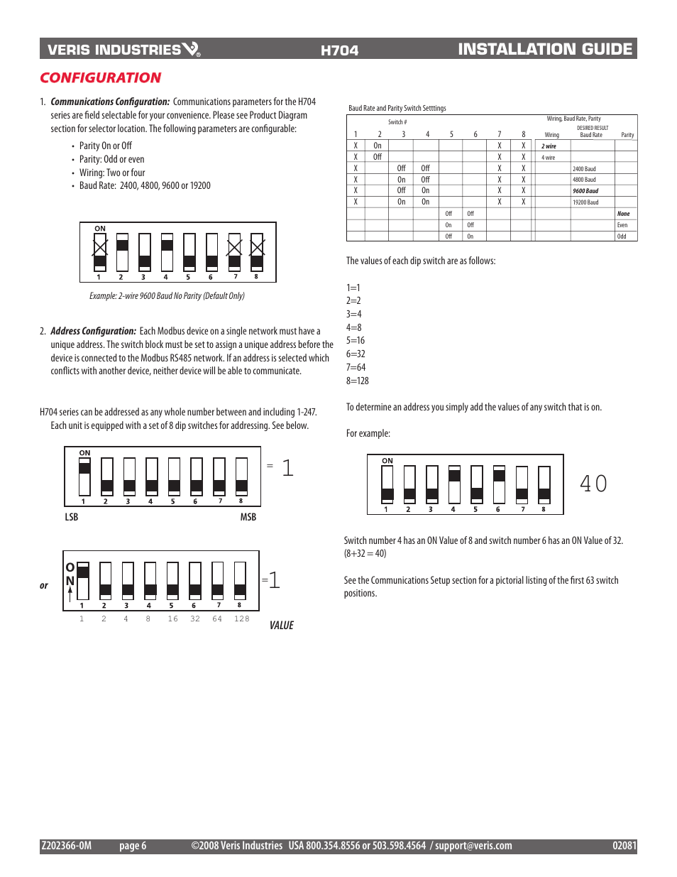 Installation guide, Configuration | Veris Industries H704-42_1(H)(E) Install User Manual | Page 6 / 8