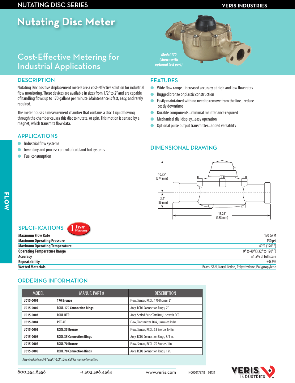 Veris Industries NUTATING DISC SERIES Datasheet User Manual | 1 page