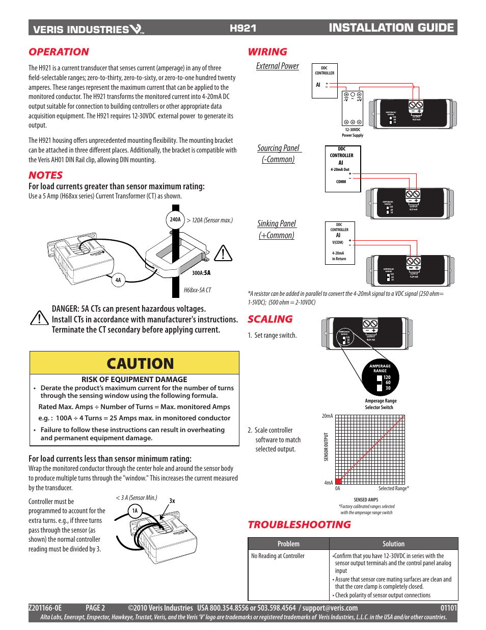 Caution, Installation guide, Operation | Troubleshooting, Scaling, Wiring, Veris industries, H921, For load currents less than sensor minimum rating | Veris Industries H921 Install User Manual | Page 2 / 2