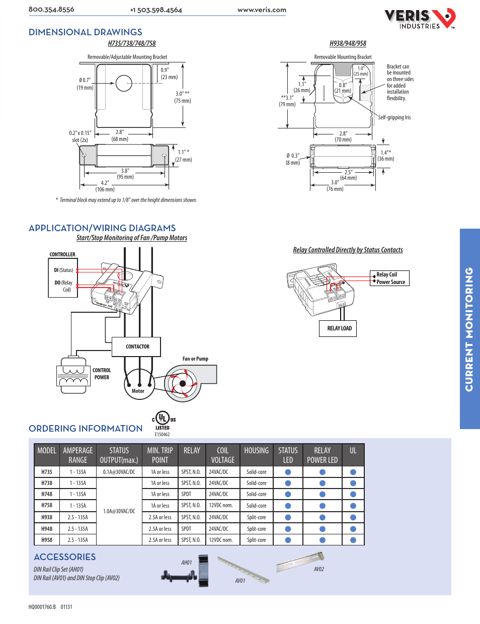 Current monit oring, Dimensional drawings, Application/wiring diagrams | Ordering information, Accessories | Veris Industries H938 SERIES Datasheet User Manual | Page 2 / 2