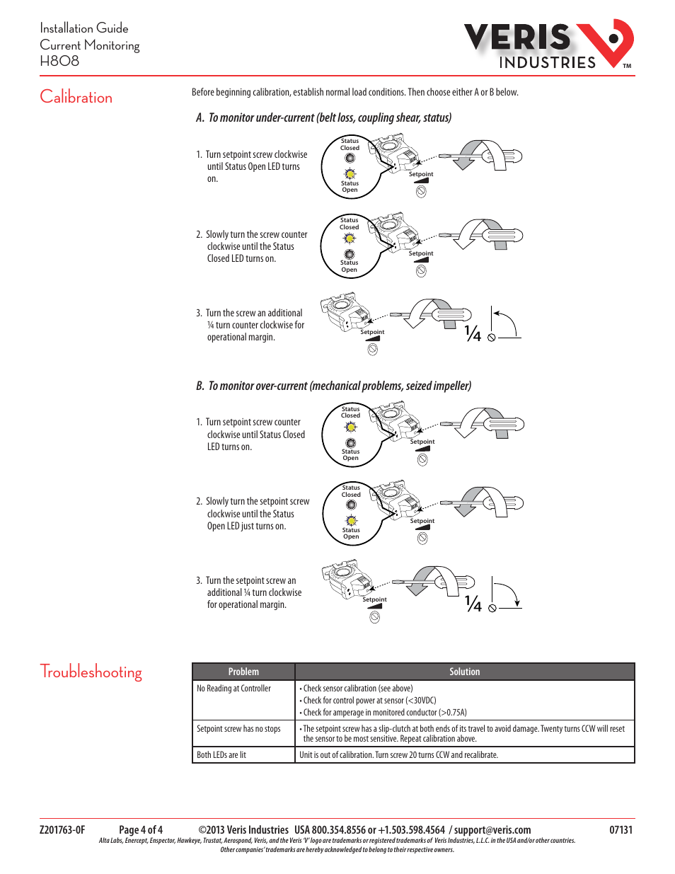 Calibration troubleshooting, Installation guide current monitoring h808 | Veris Industries H808 Install User Manual | Page 4 / 4