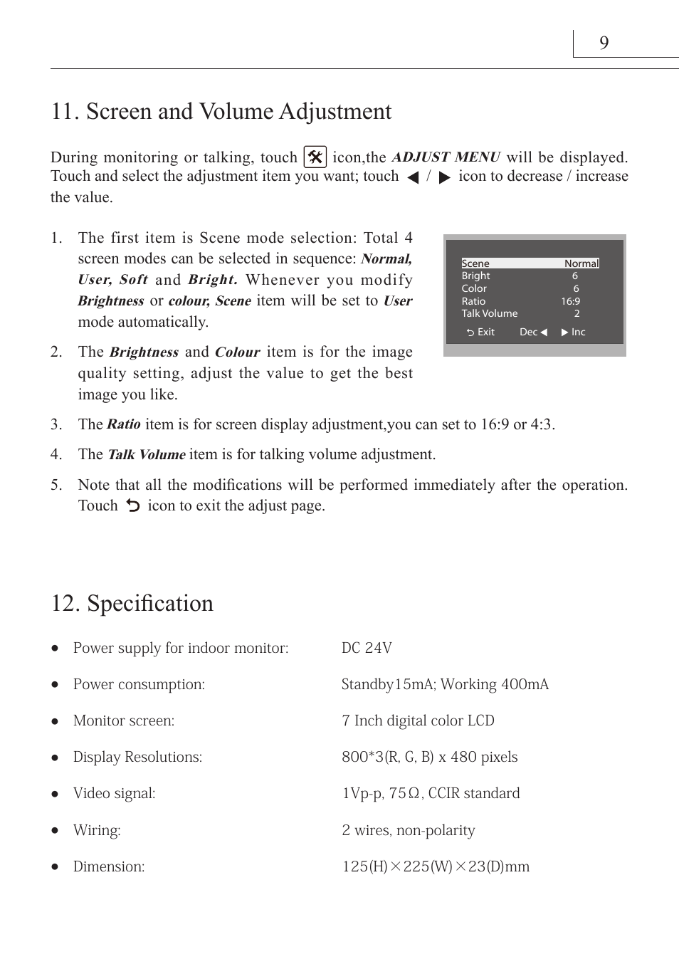 Screen and volume adjustment, Specification | V-Tech DT27_TD7 Manual User Manual | Page 10 / 12