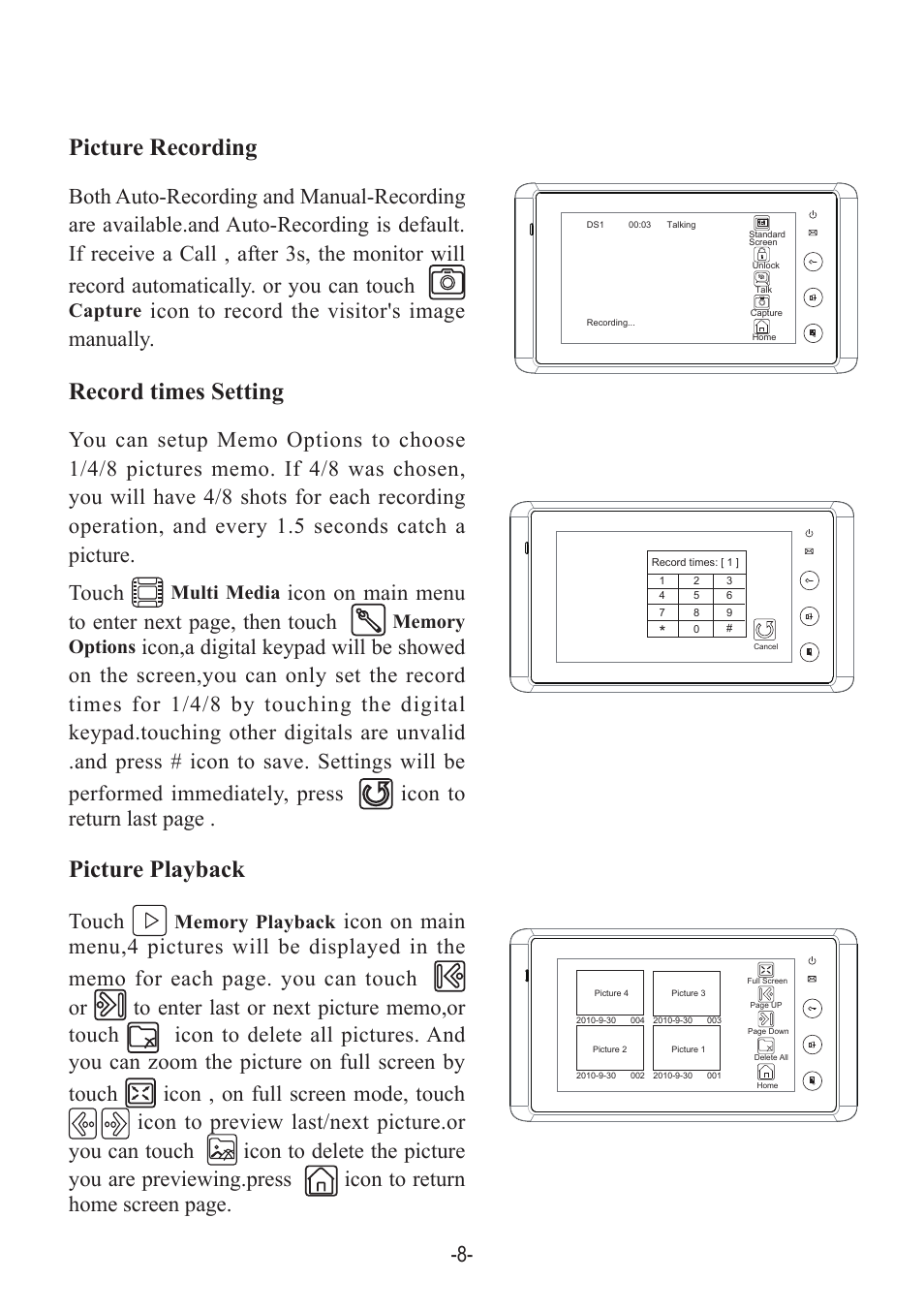 Icon to record the visitor's image manually. touch, Icon on main menu to enter next page, then touch | V-Tech DT27SD_TD7 Manual User Manual | Page 10 / 12
