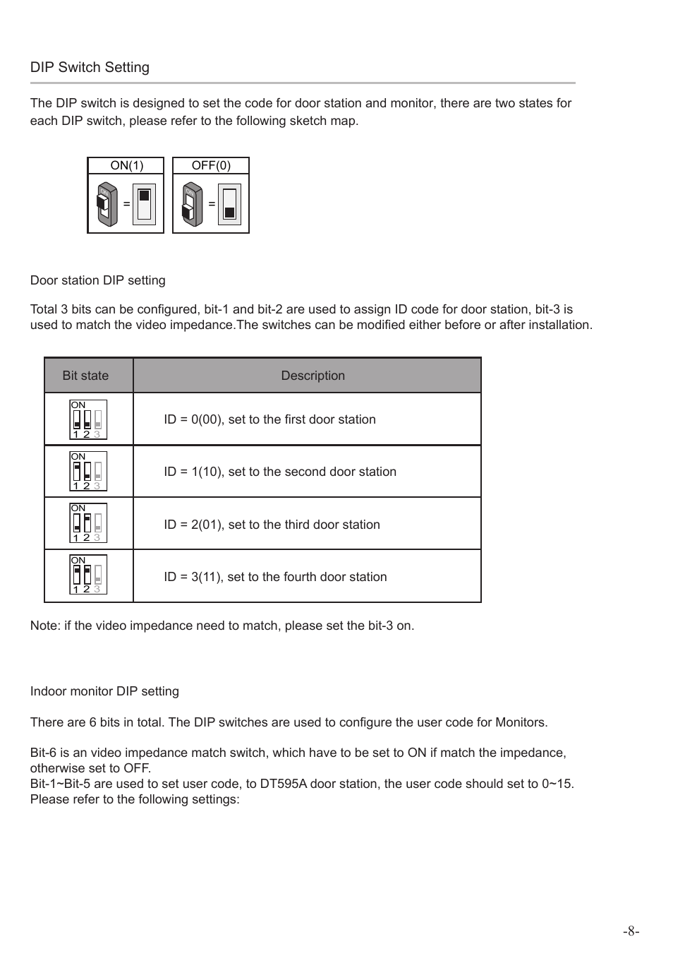Take off the jumper, With dt-cam wiring mode electric lock connection, Bus pl s2+ s1+ s1 | Dip switch setting | V-Tech DT595A Manual User Manual | Page 8 / 12