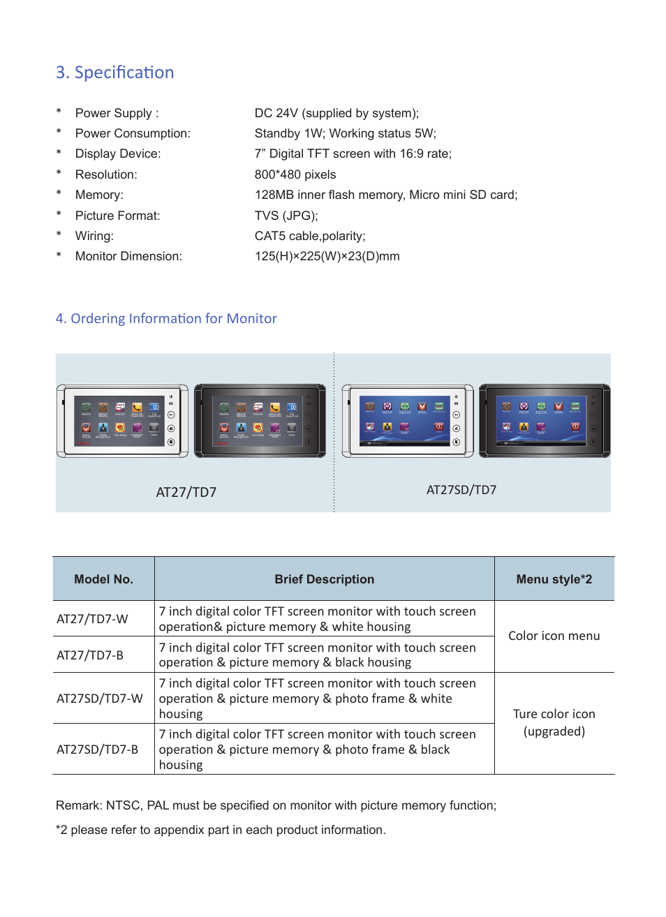 Specification, Ordering information for monitor, At27/td7 | At27sd/td7 | V-Tech AT27 Info User Manual | Page 3 / 4