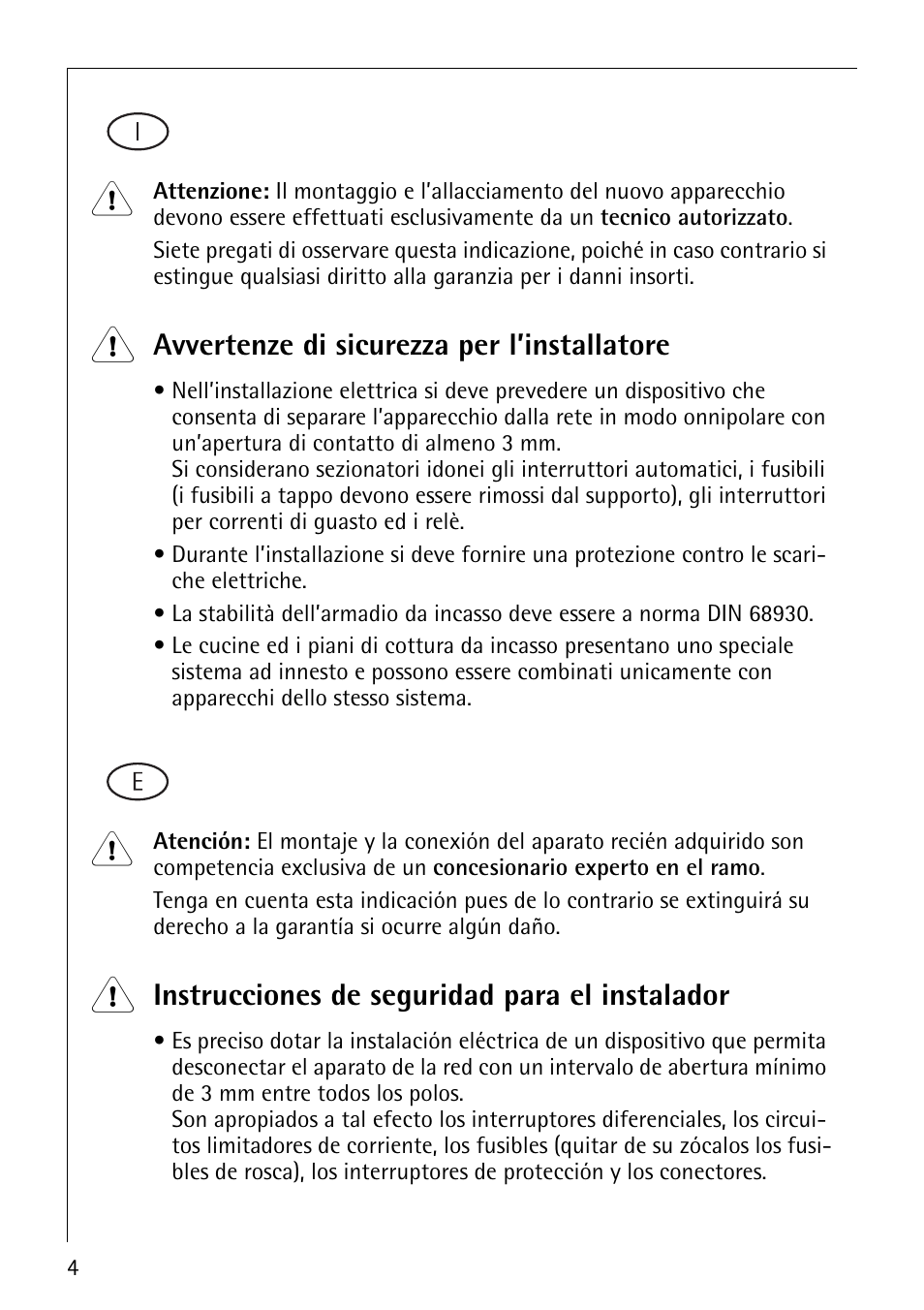 Avvertenze di sicurezza per l’installatore, Instrucciones de seguridad para el instalador | AEG E 33002 - 1 -DEUROLINE User Manual | Page 4 / 14