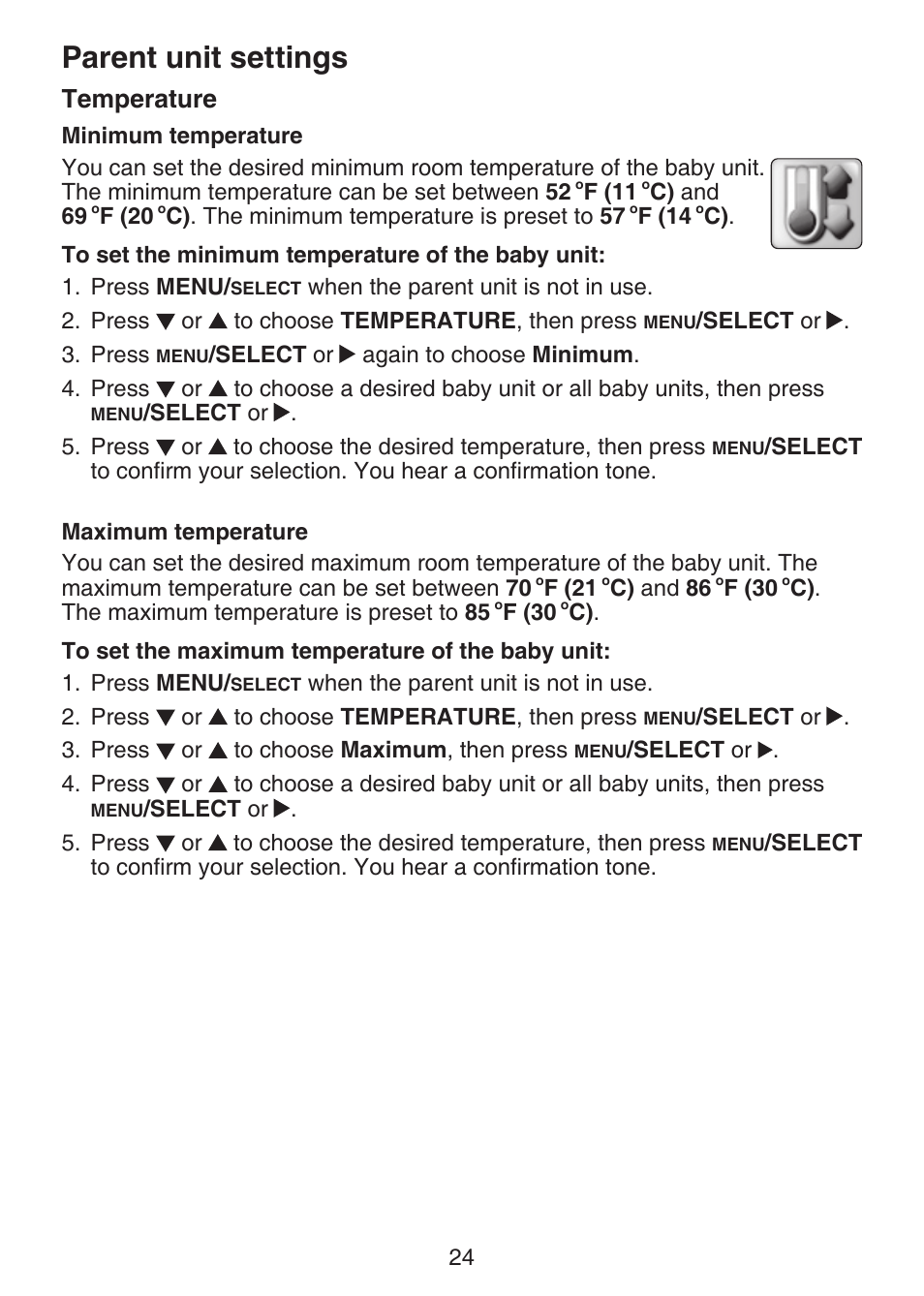 Temperature, Minimum temperature, Maximum temperature | Parent unit settings | VTech VM321-2 Manual User Manual | Page 30 / 52