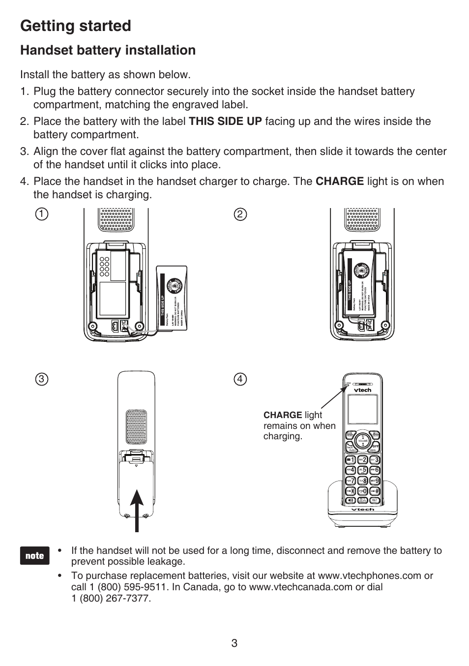 Battery installation, Handset battery installation, Getting started | VTech CS6649_-2-3 Manual User Manual | Page 7 / 87