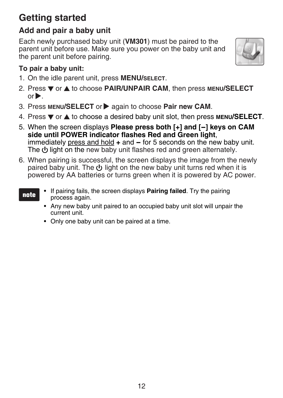 Add and pair a baby unit, Getting started | VTech VM301 Manual User Manual | Page 17 / 25