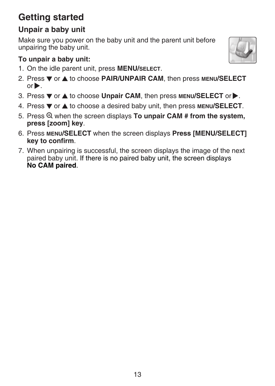 Unpair a baby unit, Getting started | VTech VM301 Manual User Manual | Page 18 / 25