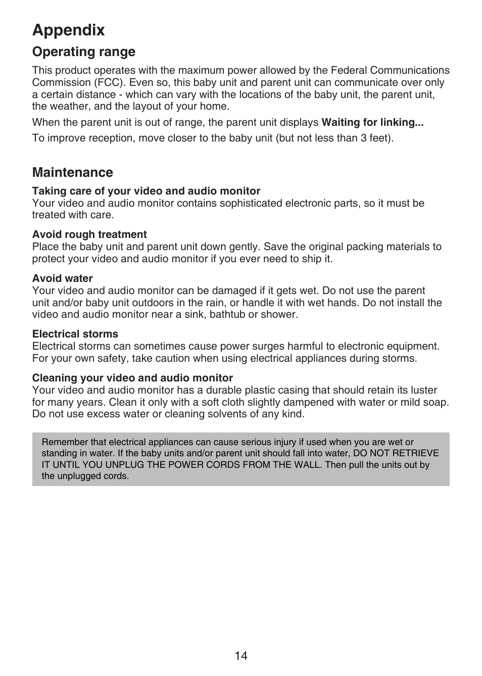 Maintenance, Operating range, Appendix | Appendix operating range | VTech VM301 Manual User Manual | Page 19 / 25