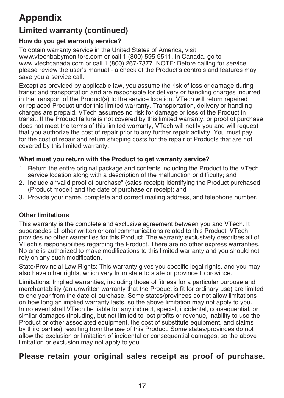 Appendix, Limited warranty (continued) | VTech VM301 Manual User Manual | Page 22 / 25