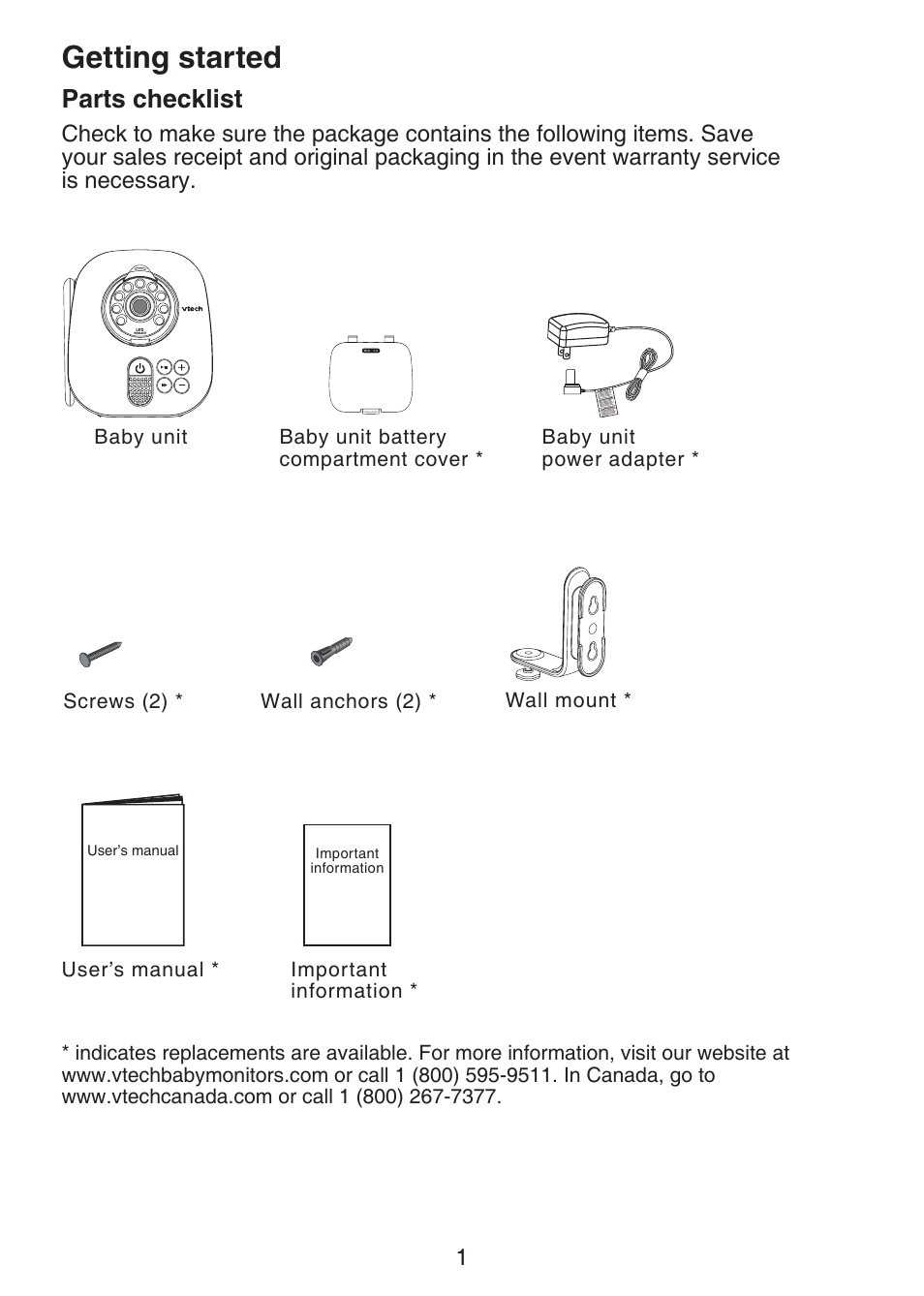 Parts checklist, Getting started, Getting started parts checklist | VTech VM301 Manual User Manual | Page 6 / 25