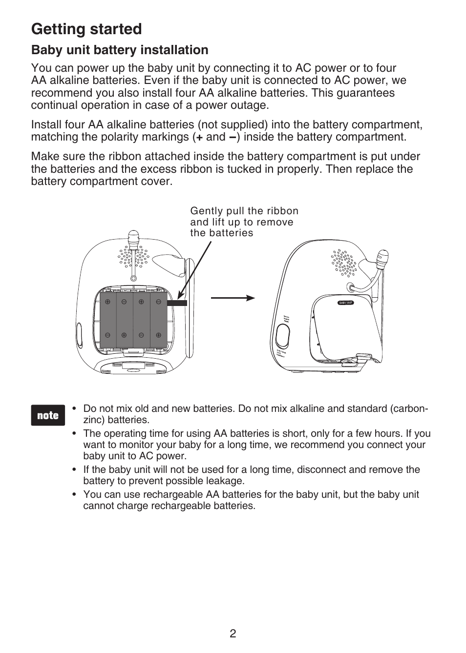 Baby unit battery installation, Getting started | VTech VM301 Manual User Manual | Page 7 / 25