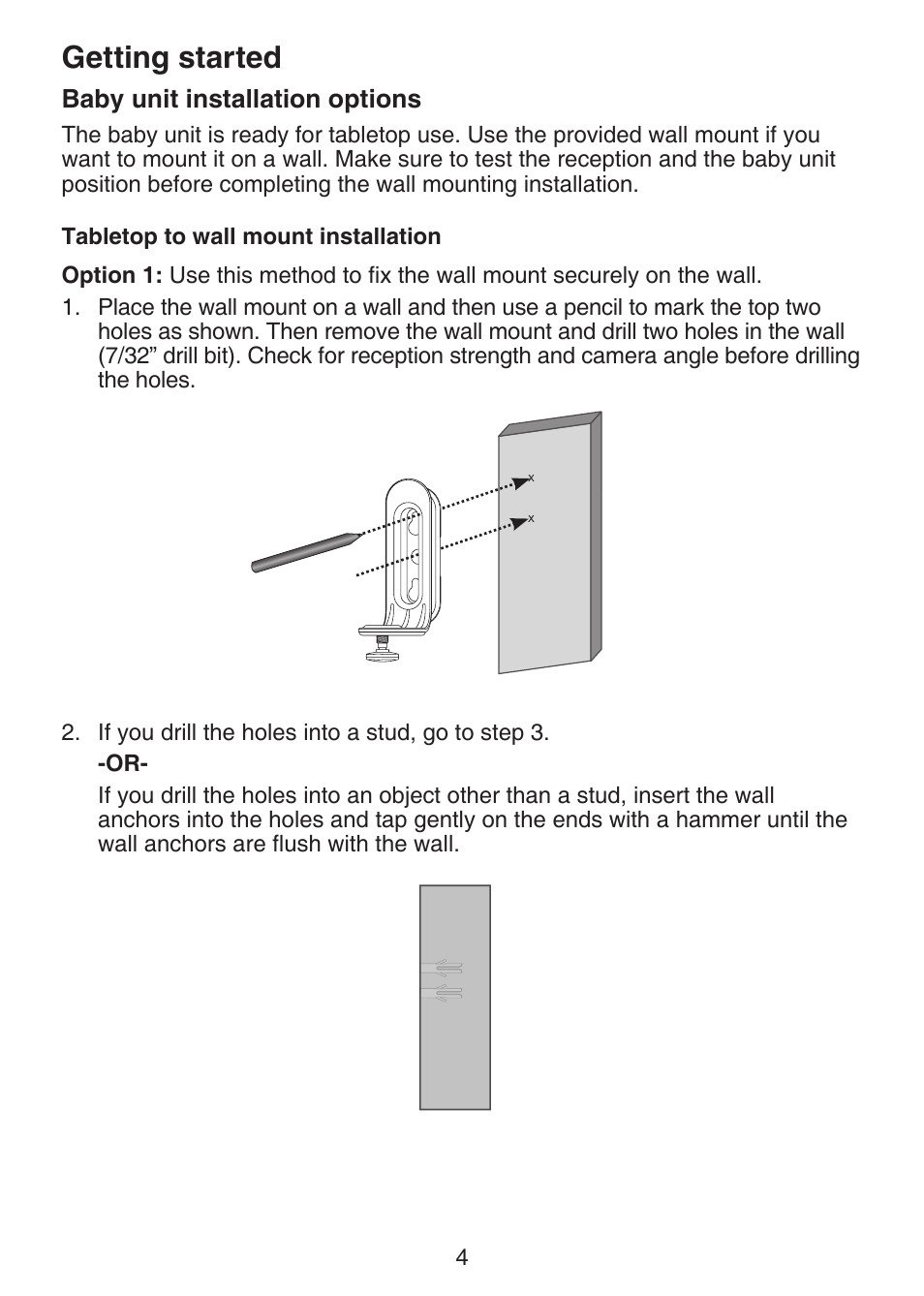 Baby unit installation options, Tabletop to wall mount installation, Getting started | VTech VM301 Manual User Manual | Page 9 / 25