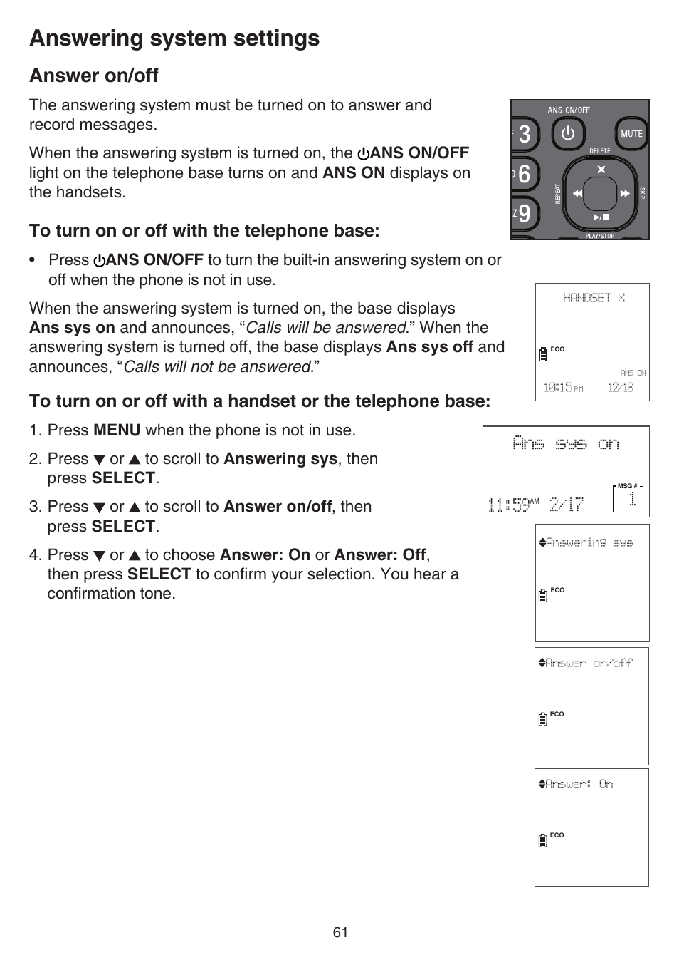 Answer on/off, Answering system settings | VTech DS6751_-2-3 Manual User Manual | Page 65 / 103