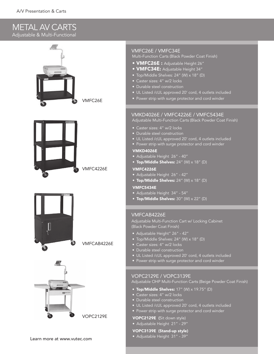 Metal av carts | Vutec METAL AV CARTS - Product Sheet User Manual | Page 2 / 2