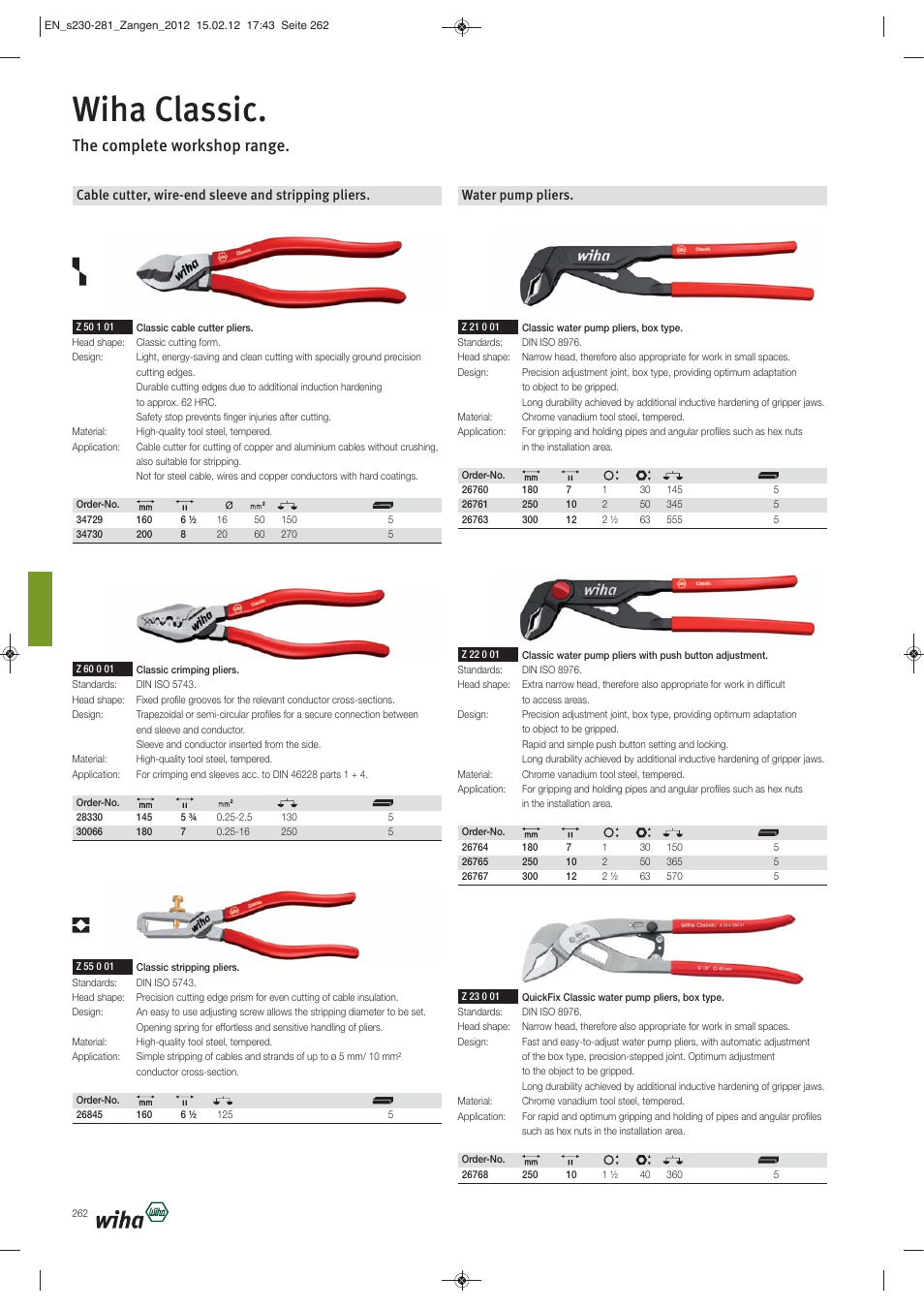 Wiha classic, The complete workshop range, Cable cutter, wire-end sleeve and stripping pliers | Water pump pliers | Wiha Tools Pliers User Manual | Page 33 / 52