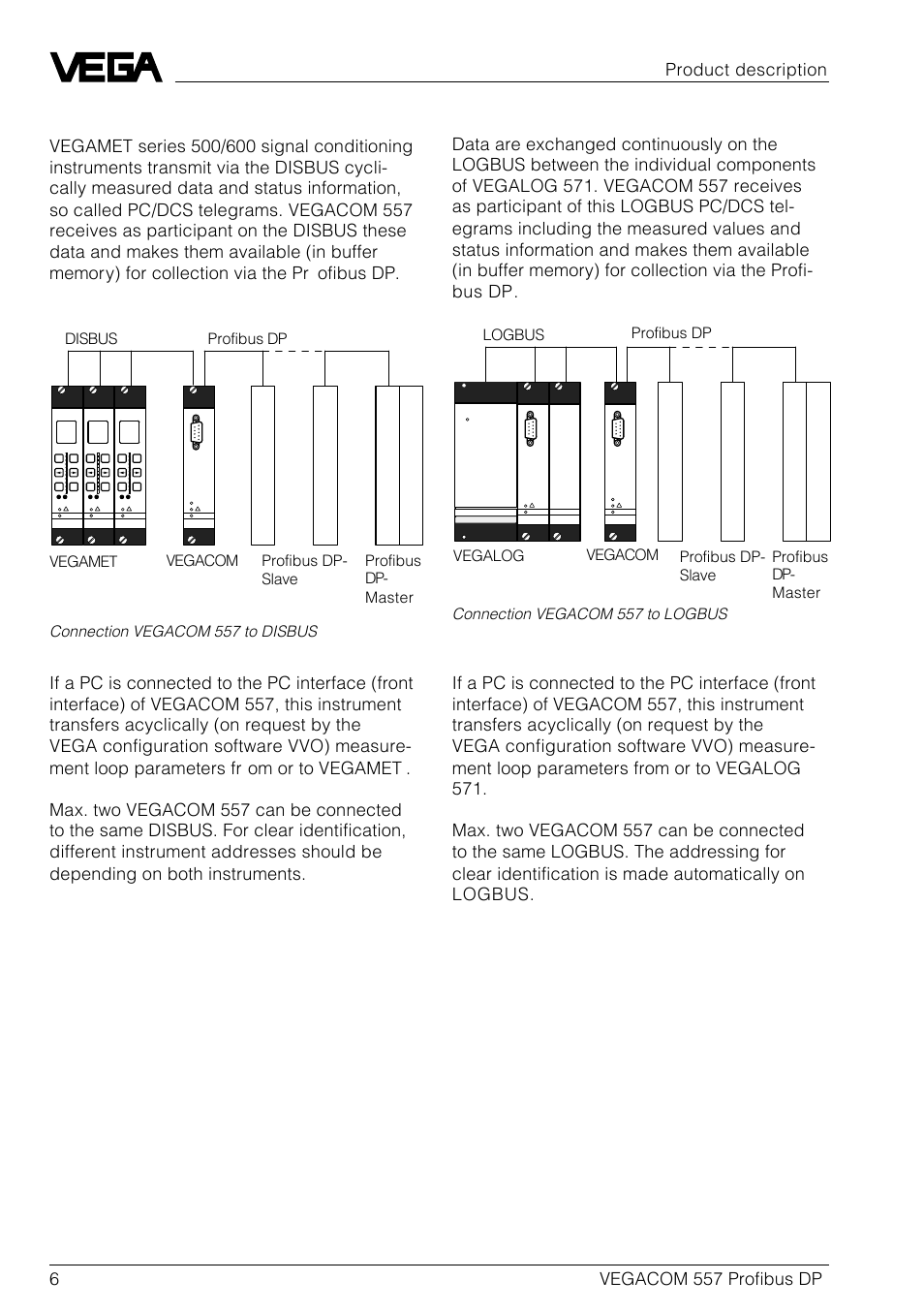 6vegacom 557 profibus dp, Connection vegacom 557 to disbus, Connection vegacom 557 to logbus | VEGA VEGACOM 557 Profibus DP User Manual | Page 6 / 84