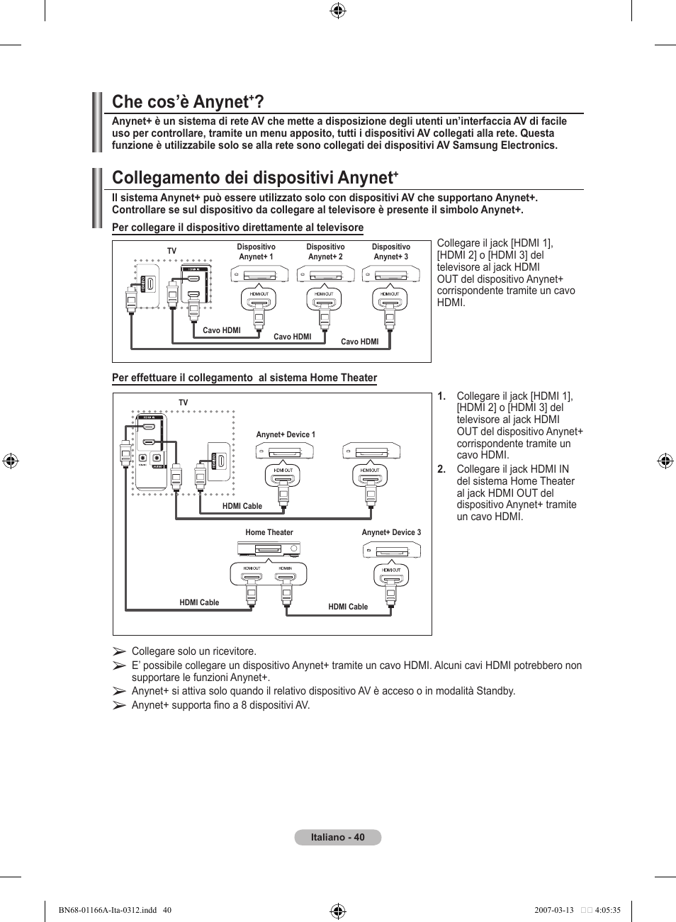 Collegamento dei dispositivi anynet, Che cos’è anynet | Samsung LE32R8 User Manual | Page 226 / 559