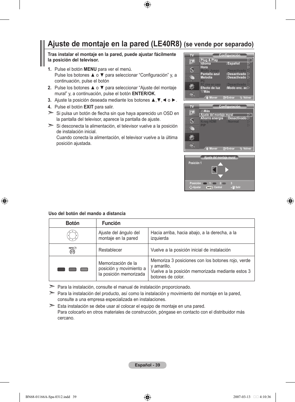 Ajuste de montaje en la pared (le0r), Se vende por separado), Botón función | Samsung LE32R8 User Manual | Page 273 / 559
