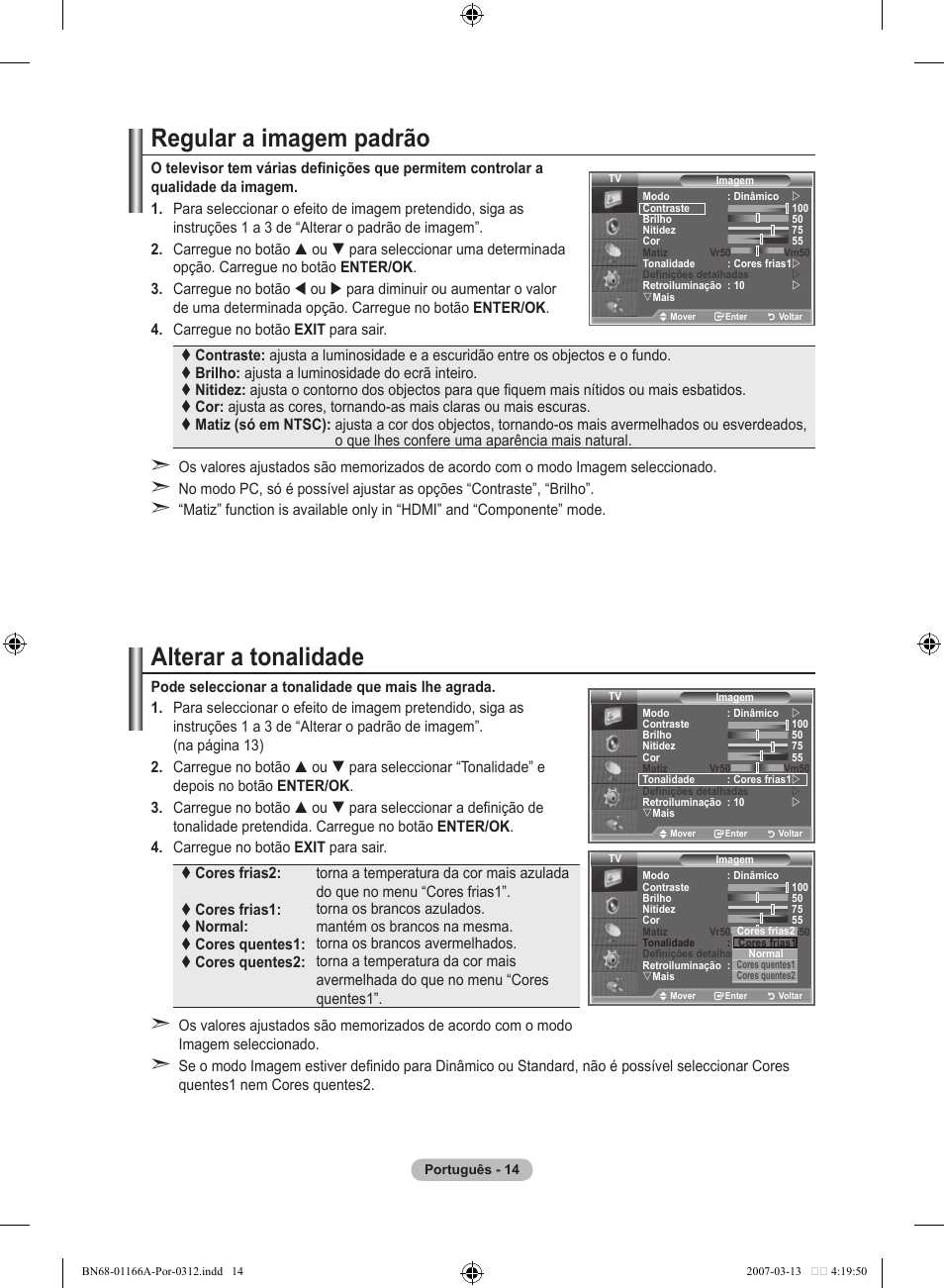 Regular a imagem padrão, Alterar a tonalidade | Samsung LE32R8 User Manual | Page 294 / 559