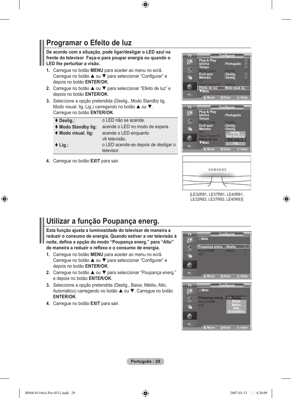 Programar o efeito de luz, Utilizar a função poupança energ | Samsung LE32R8 User Manual | Page 309 / 559