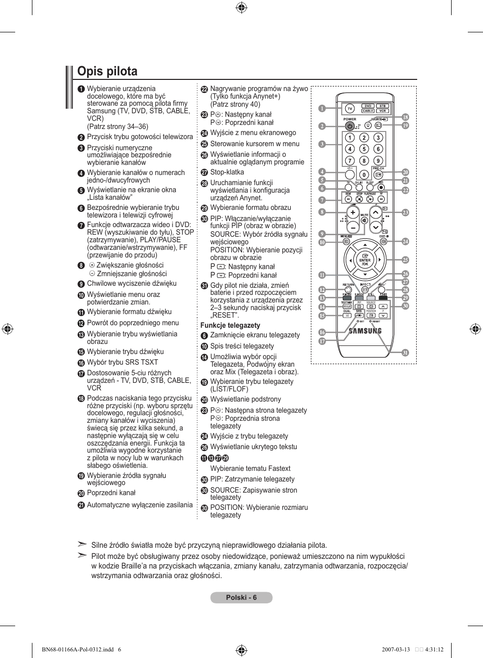Opis pilota | Samsung LE32R8 User Manual | Page 378 / 559