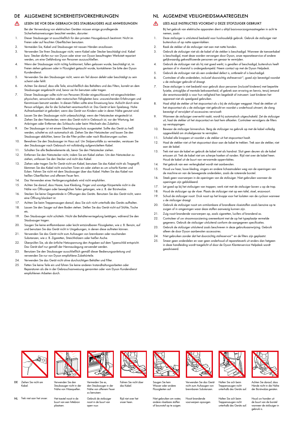 De allgemeine sicherheitsvorkehrungen, Nl algemene veiligheidsmaatregelen | DYSON DC 25 User Manual | Page 4 / 32