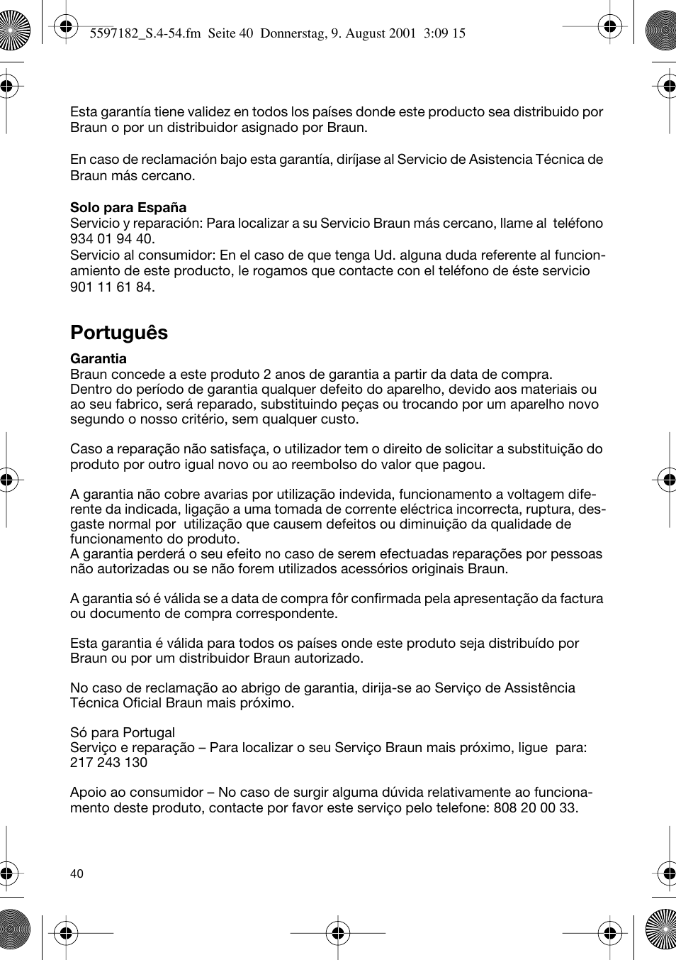 Português | Braun 1507 User Manual | Page 40 / 52