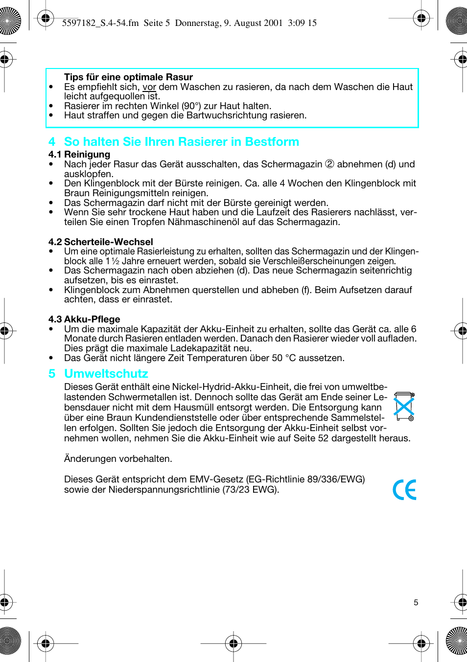 4 so halten sie ihren rasierer in bestform, 5 umweltschutz | Braun 1507 User Manual | Page 5 / 52