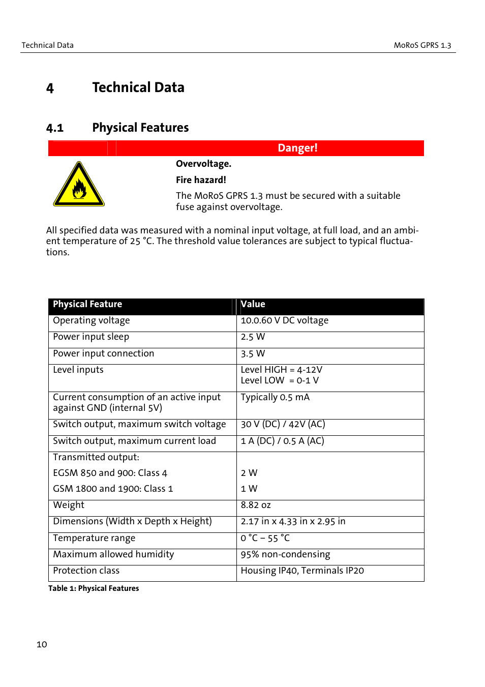 4technical data, 1 physical features | VEGA MoRoS GPRS 1.3 User Manual | Page 10 / 82