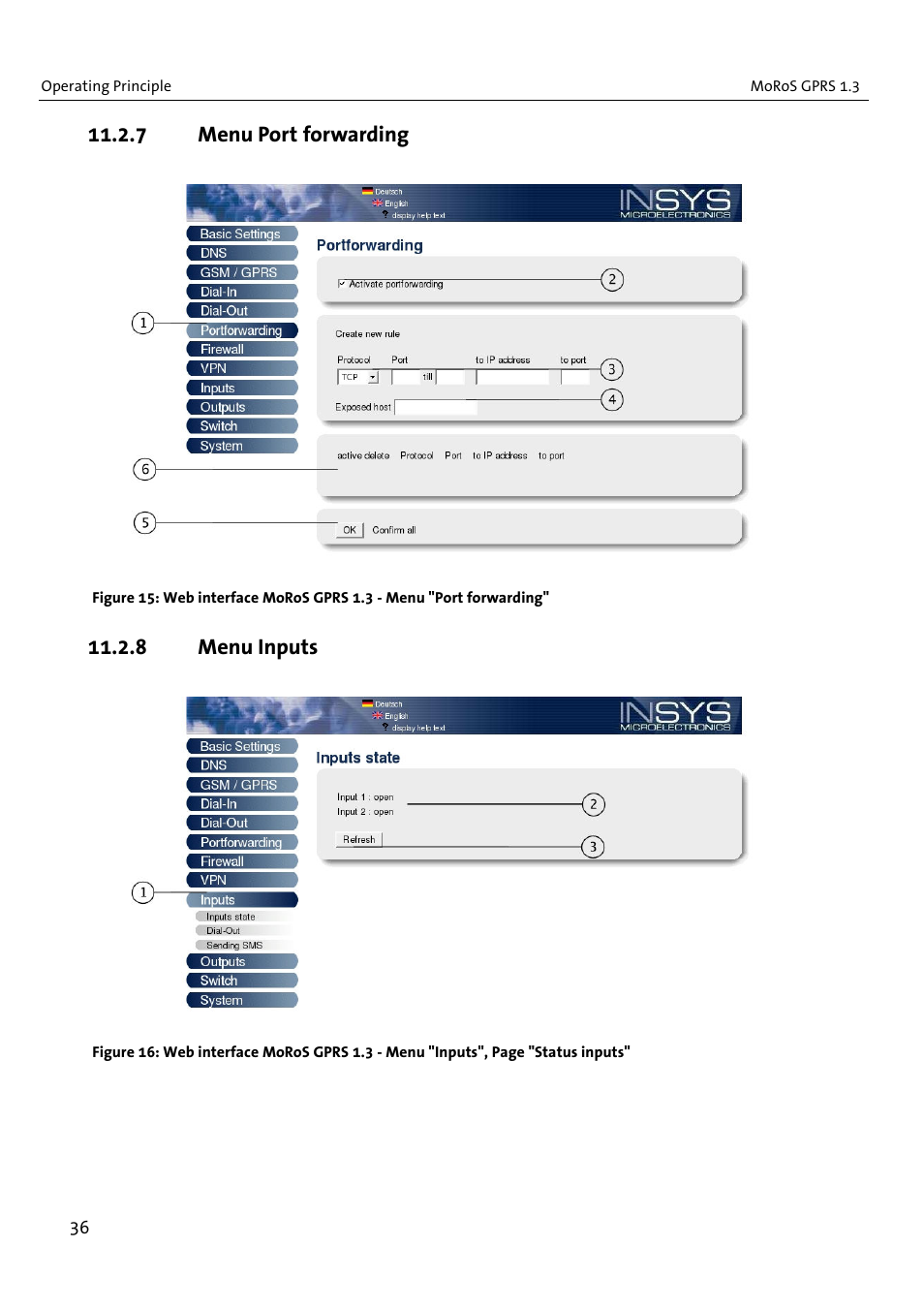7 menu port forwarding, 8 menu inputs | VEGA MoRoS GPRS 1.3 User Manual | Page 36 / 82